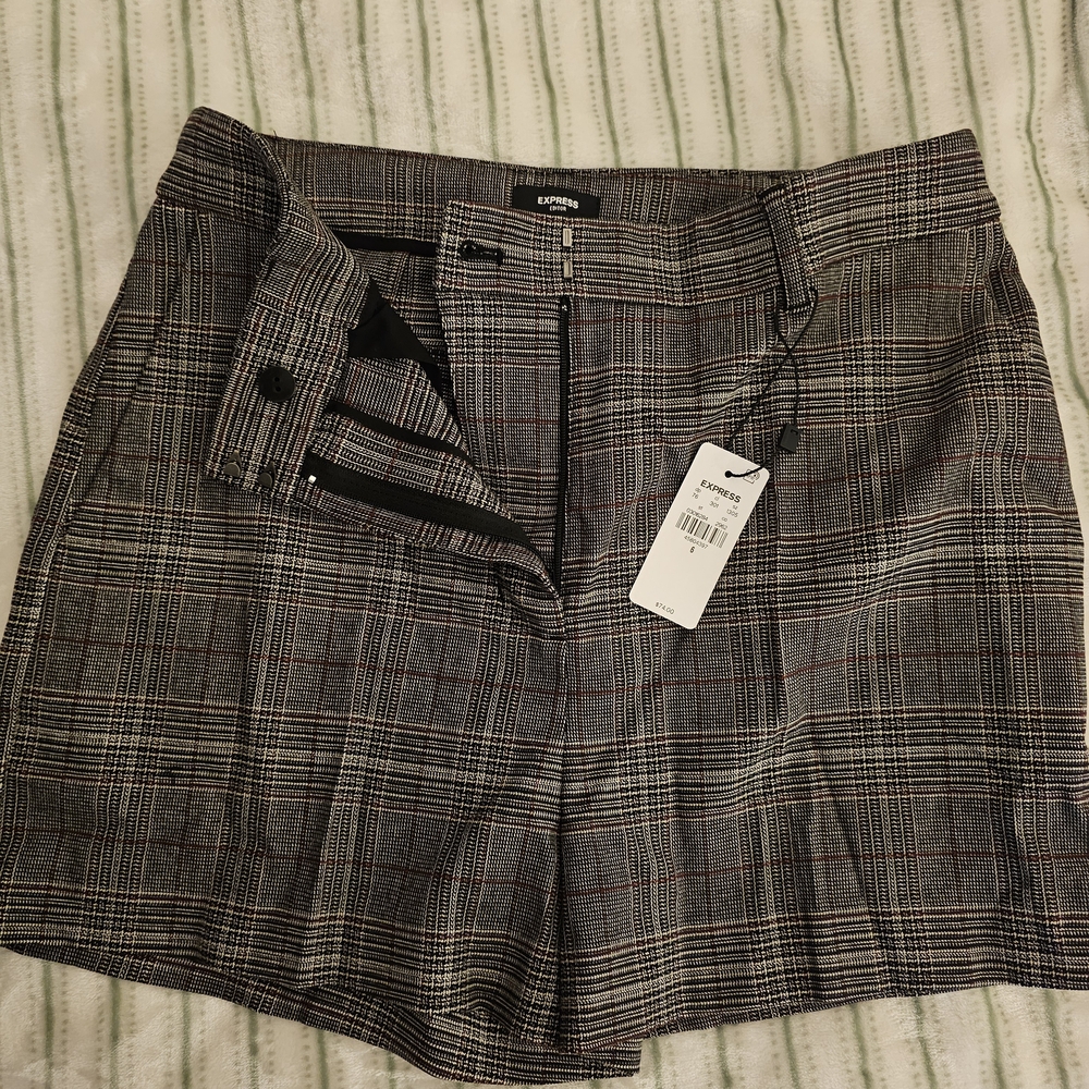 Express Gray and Black Bermuda Shorts Tailored Plaid Design